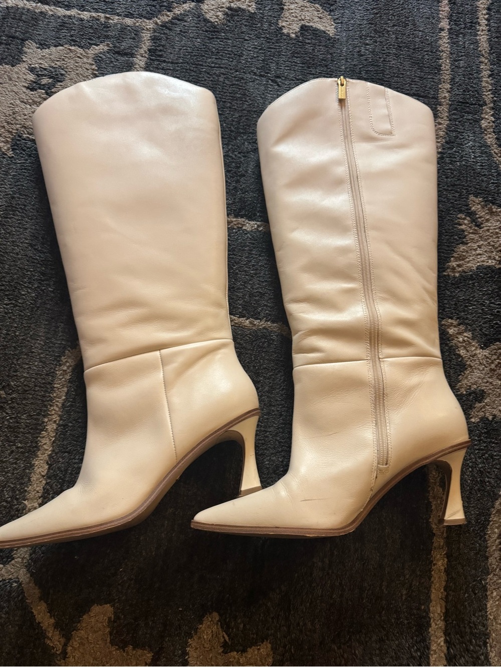 Vince Camuto Beige Knee-High Pointed Toe Leather Boots